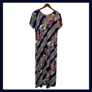Vintage Hilo Hattie Hawaiian Original Maxi Dress Navy Tropical Floral XL 80s 90s